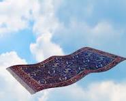  Flying carpet is  flying high above the land among the birds and clouds to